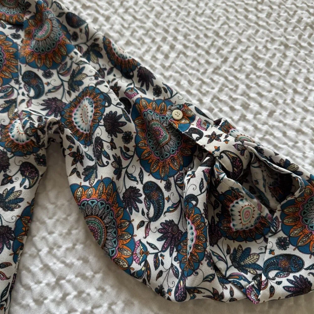 Paisley Print Split V-Neck, 3/4 Sleeve Blouse, Multicolor, Size Small - Picture 4 of 8